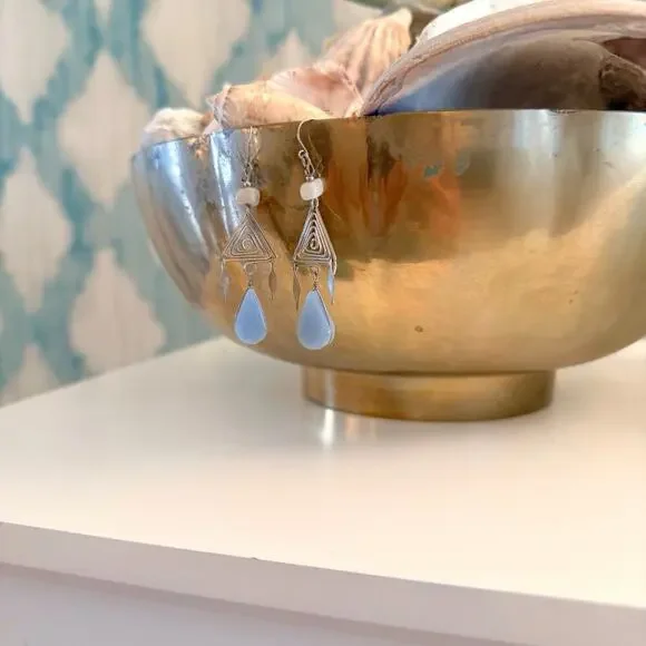 Artisan Geometric Silver Toned Dangle Spiral Triangle Blue Chalcedony - Picture 3 of 9